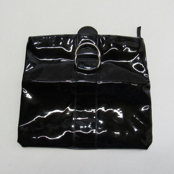 Ladies Hobo Black Faux Patent Leather Fold Over Clutch Handbag Formal Purse - Picture 3 of 11